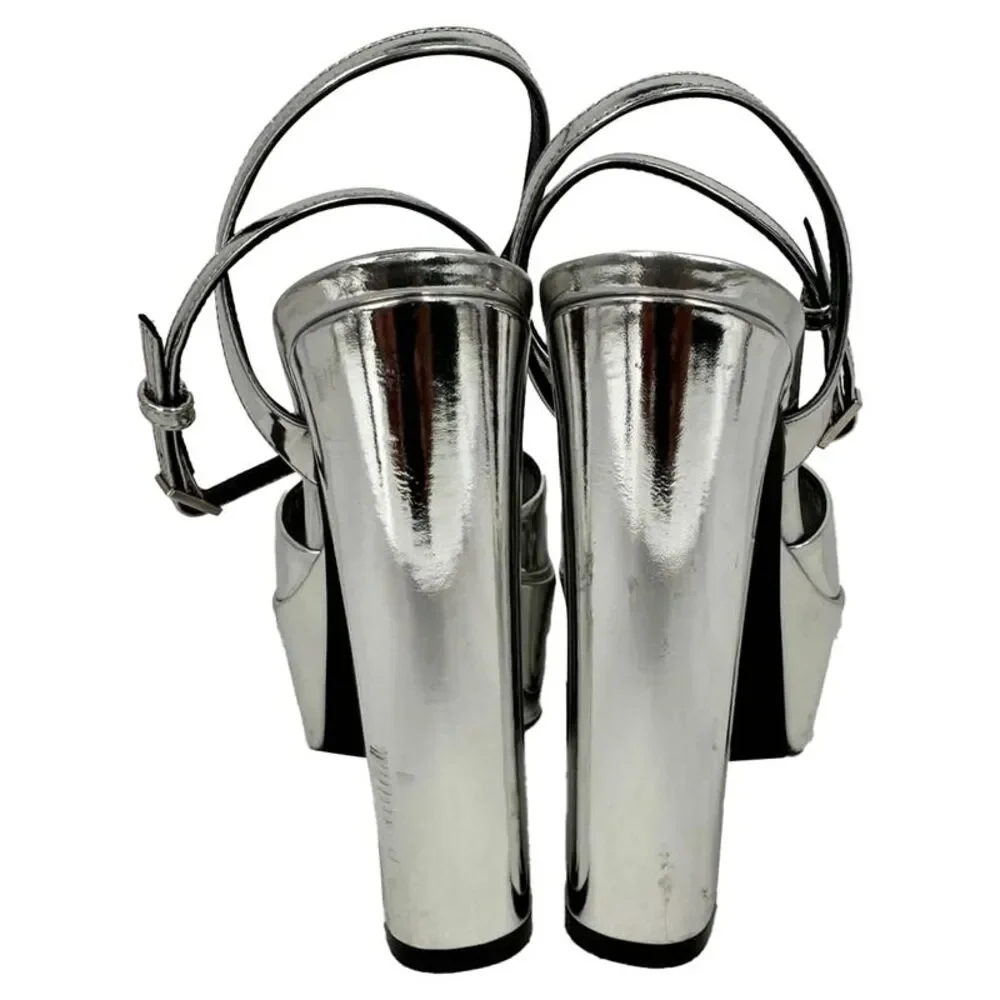 Saint Laurent Jodie Platform Sandals in Metallic Silver Patent Leather